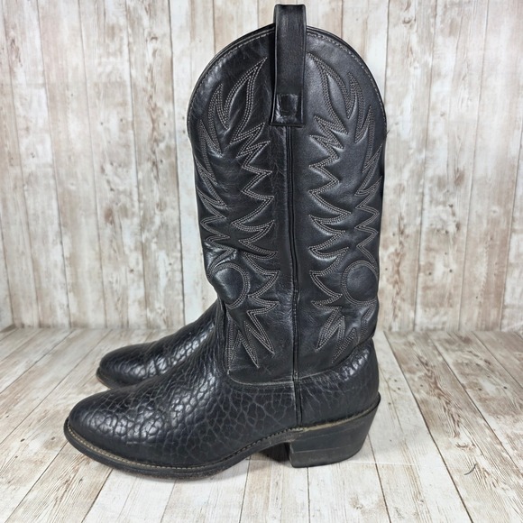 Mens Black Leather Cowboy Boots Western Stitching Detail Classic Style - Picture 2 of 8